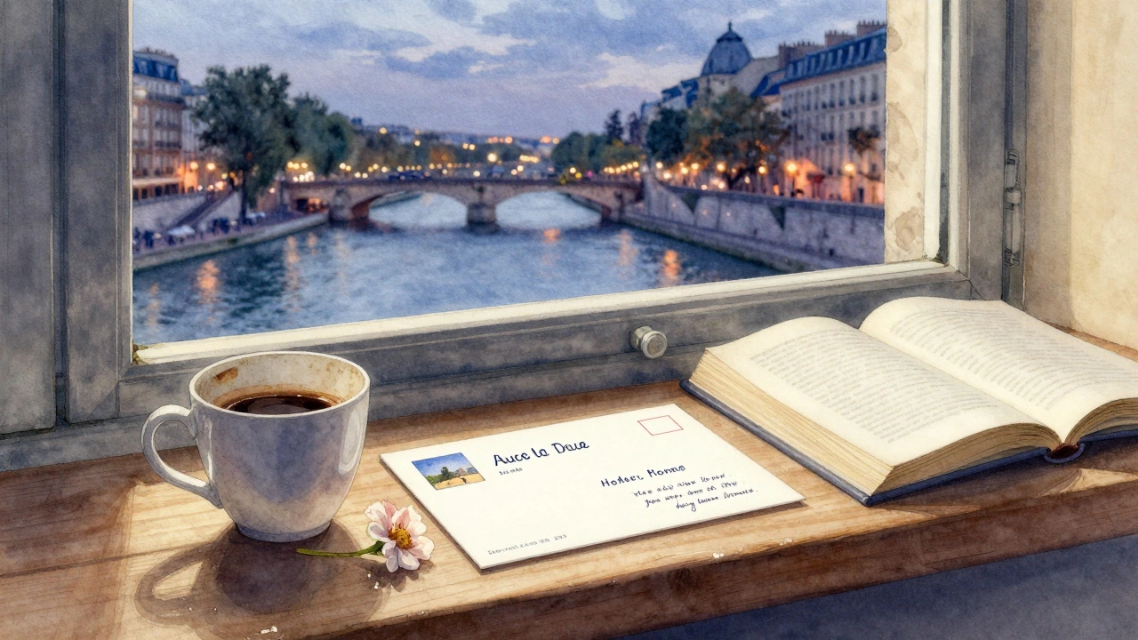 A postcard and coffee cup on a windowsill overlooking the Seine at twilight, hinting at a meaningful visit.