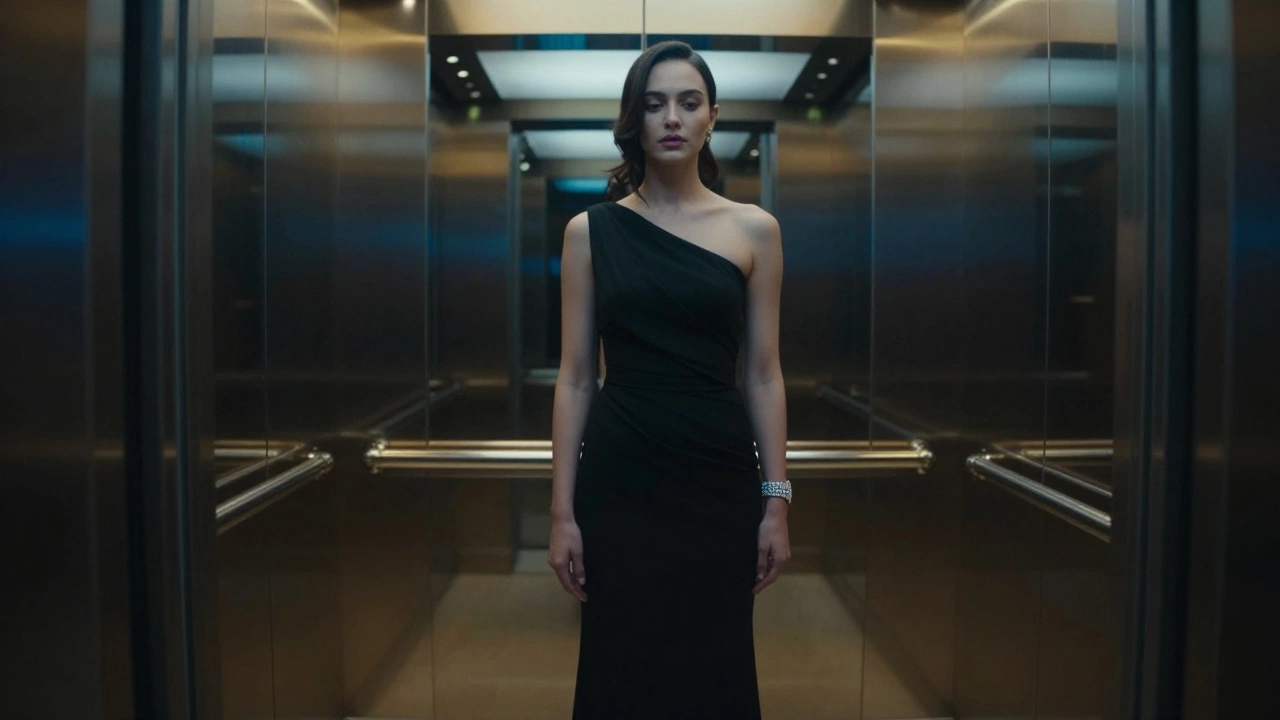 A woman in a black gown reflected infinitely in a luxury elevator&#039;s mirrored walls, face unseen.